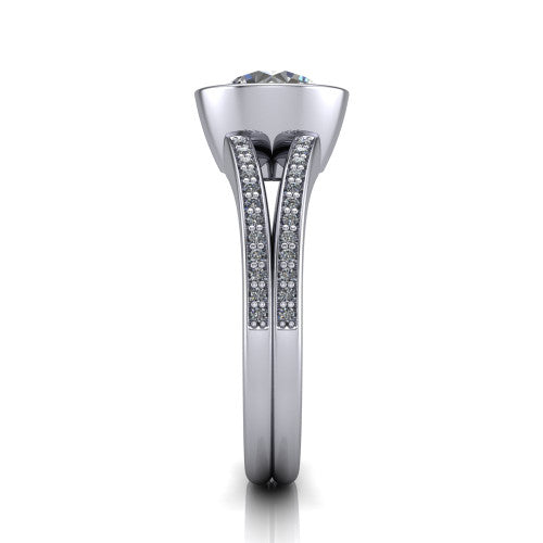 Kaia round classic engagement ring in Platinum, side profile showing the bezel setting and twin pave rows in side view