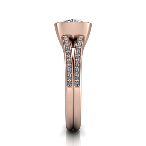 Kaia cushion classic engagement ring in 18K Rose Gold, side profile showing the bezel setting and twin pave rows in side view