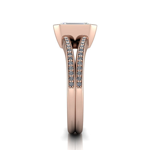 Kaia emerald-cut classic engagement ring in 18K Rose Gold, side profile showing the bezel setting and twin pave rows in side view