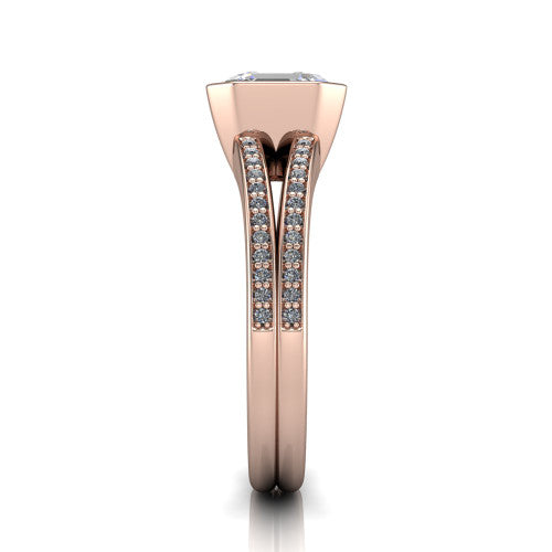 Kaia square emerald-cut classic engagement ring in 18K Rose Gold, side profile showing the bezel setting and twin pave rows in side view