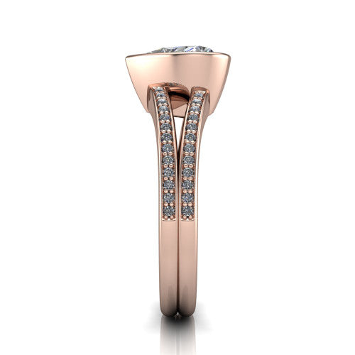 Kaia heart classic engagement ring in 14K Rose Gold, side profile showing the bezel setting and twin pave rows in side view