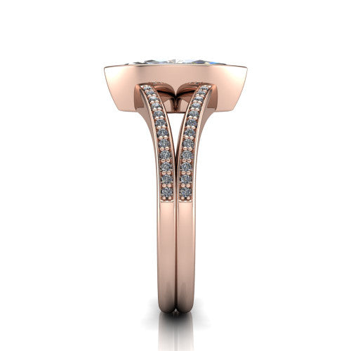 Kaia marquise classic engagement ring in 18K Rose Gold, side profile showing the bezel setting and twin pave rows in side view