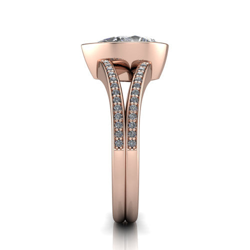 Kaia pear classic engagement ring in 14K Rose Gold, side profile showing the bezel setting and twin pave rows in side view
