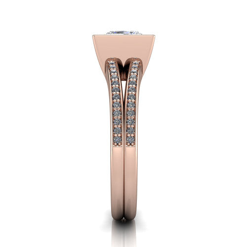 Kaia princess-cut classic engagement ring in 18K Rose Gold, side profile showing the bezel setting and twin pave rows in side view
