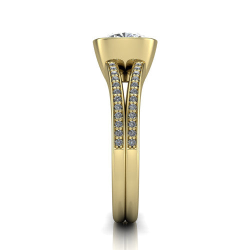 Kaia cushion classic engagement ring in 14K Yellow Gold, side profile showing the bezel setting and twin pave rows in side view