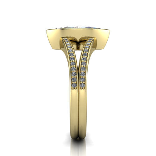 Kaia marquise classic engagement ring in 14K Yellow Gold, side profile showing the bezel setting and twin pave rows in side view