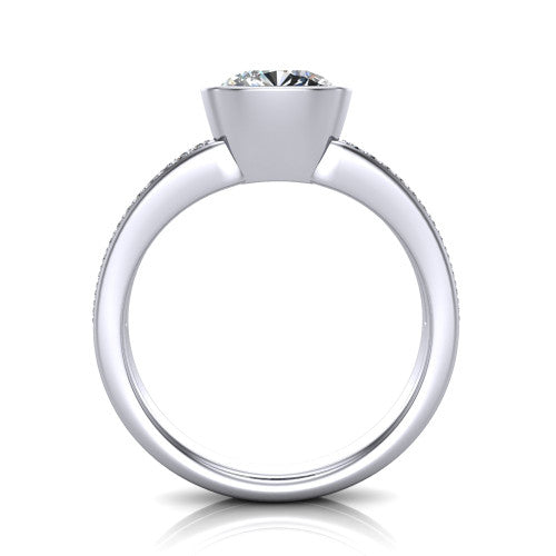 Kaia cushion classic engagement ring in Platinum, through-finger front profile showing the bezel and split pave band from the front