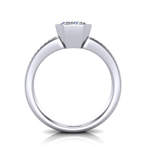 Kaia emerald-cut classic engagement ring in Platinum, through-finger front profile showing the bezel and split pave band from the front