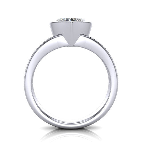 Kaia heart classic engagement ring in Platinum, through-finger front profile showing the bezel and split pave band from the front