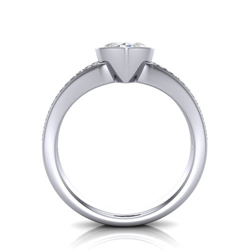 Kaia marquise classic engagement ring in 14K White Gold, through-finger front profile showing the bezel and split pave band from the front