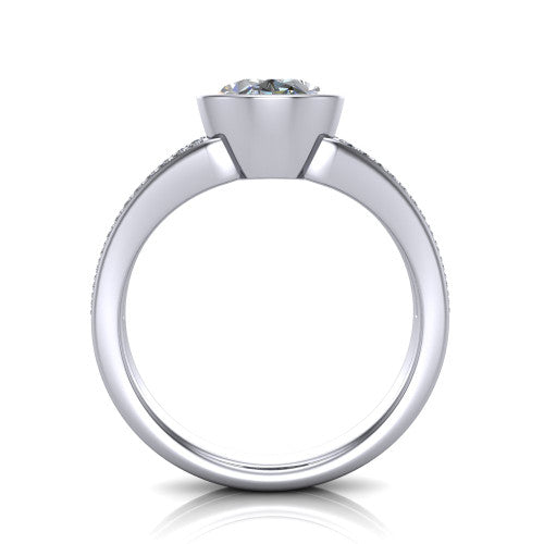 Kaia oval classic engagement ring in Platinum, through-finger front profile showing the bezel and split pave band from the front
