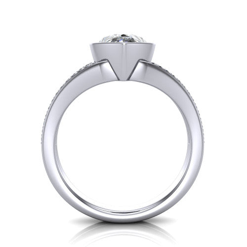 Kaia pear classic engagement ring in 14K White Gold, through-finger front profile showing the bezel and split pave band from the front