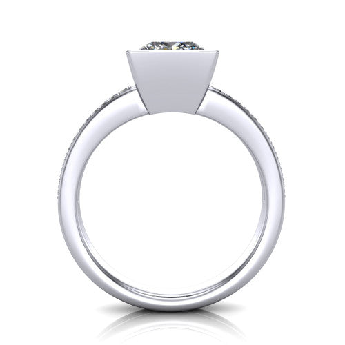 Kaia princess-cut classic engagement ring in Platinum, through-finger front profile showing the bezel and split pave band from the front