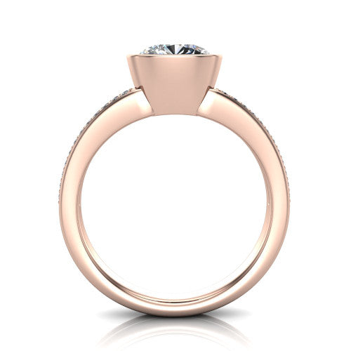 Kaia cushion classic engagement ring in 14K Rose Gold, through-finger front profile showing the bezel and split pave band from the front