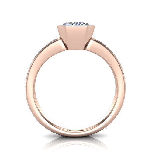 Kaia emerald-cut classic engagement ring in 18K Rose Gold, through-finger front profile showing the bezel and split pave band from the front