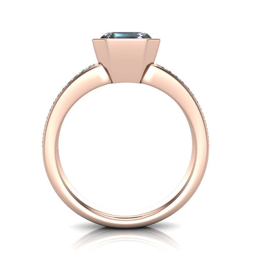 Kaia square emerald-cut classic engagement ring in 18K Rose Gold, through-finger front profile showing the bezel and split pave band from the front