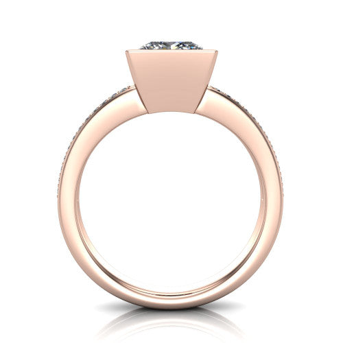 Kaia princess-cut classic engagement ring in 14K Rose Gold, through-finger front profile showing the bezel and split pave band from the front