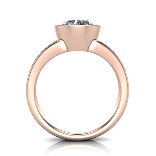 Kaia round classic engagement ring in 18K Rose Gold, through-finger front profile showing the bezel and split pave band from the front