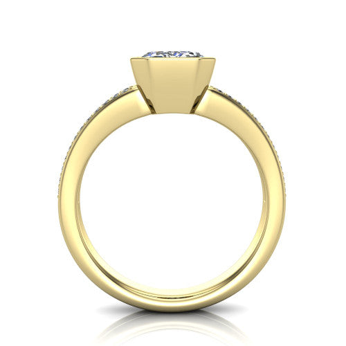 Kaia emerald-cut classic engagement ring in 18K Yellow Gold, through-finger front profile showing the bezel and split pave band from the front