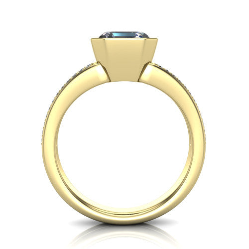 Kaia square emerald-cut classic engagement ring in 18K Yellow Gold, through-finger front profile showing the bezel and split pave band from the front