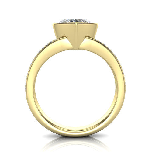 Kaia heart classic engagement ring in 18K Yellow Gold, through-finger front profile showing the bezel and split pave band from the front