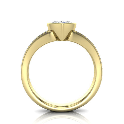 Kaia marquise classic engagement ring in 14K Yellow Gold, through-finger front profile showing the bezel and split pave band from the front