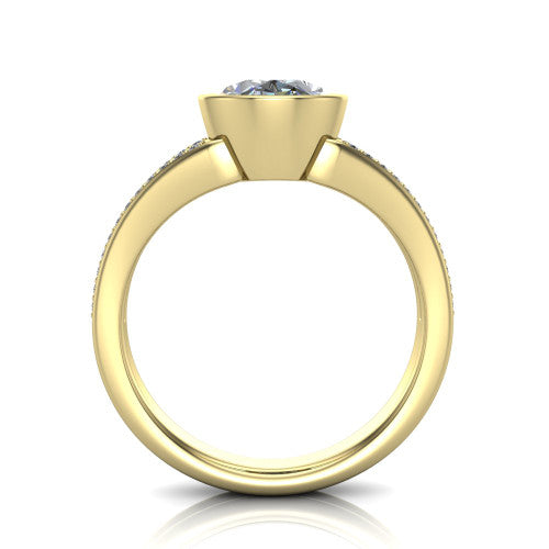 Kaia oval classic engagement ring in 14K Yellow Gold, through-finger front profile showing the bezel and split pave band from the front