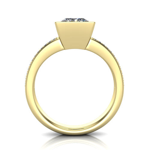Kaia princess-cut classic engagement ring in 18K Yellow Gold, through-finger front profile showing the bezel and split pave band from the front