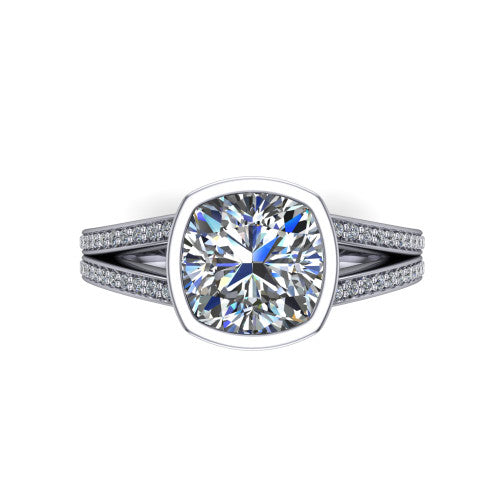 Kaia cushion classic engagement ring in 18K White Gold, top-down view showing the cushion center diamond framed by the full bezel from above
