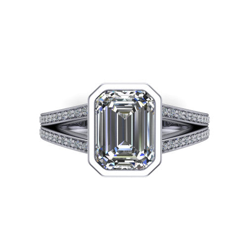 Kaia emerald-cut classic engagement ring in 18K White Gold, top-down view showing the emerald-cut center diamond framed by the full bezel from above