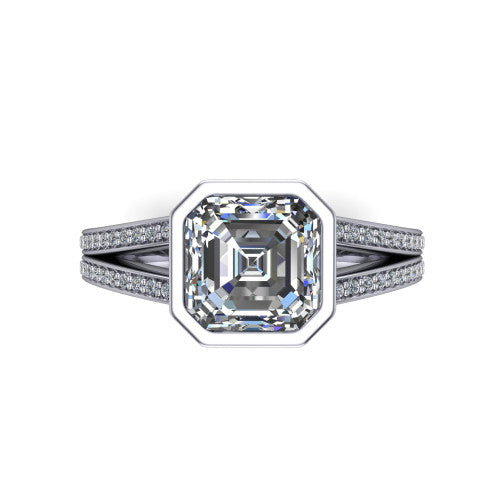 Kaia square emerald-cut classic engagement ring in 14K White Gold, top-down view showing the square emerald-cut center diamond framed by the full bezel from above