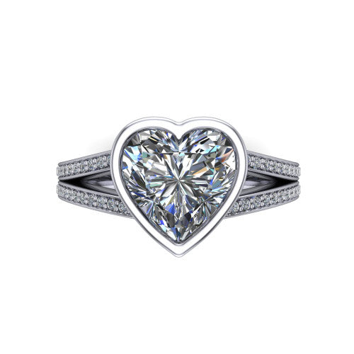 Kaia heart classic engagement ring in 18K White Gold, top-down view showing the heart center diamond framed by the full bezel from above
