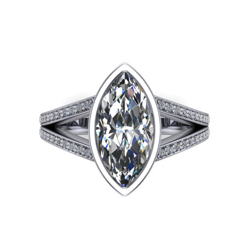 Kaia marquise classic engagement ring in 18K White Gold, top-down view showing the marquise center diamond framed by the full bezel from above