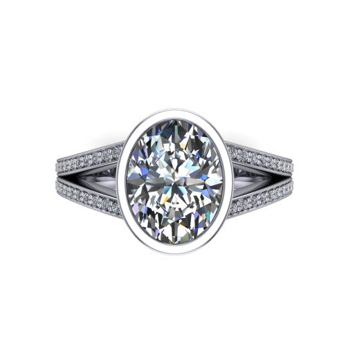 Kaia oval classic engagement ring in 18K White Gold, top-down view showing the oval center diamond framed by the full bezel from above