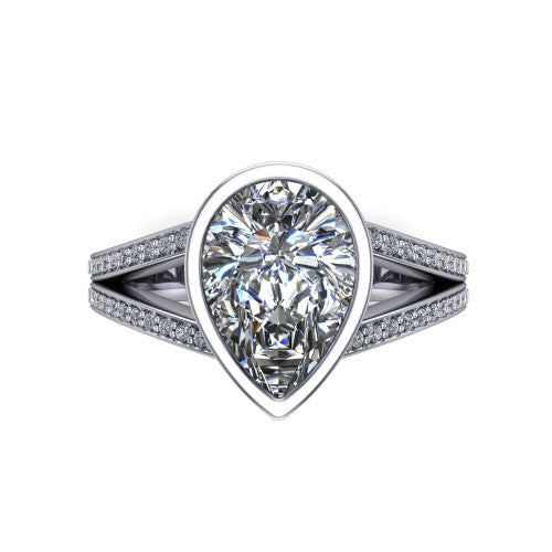 Kaia pear classic engagement ring in 14K White Gold, top-down view showing the pear center diamond framed by the full bezel from above