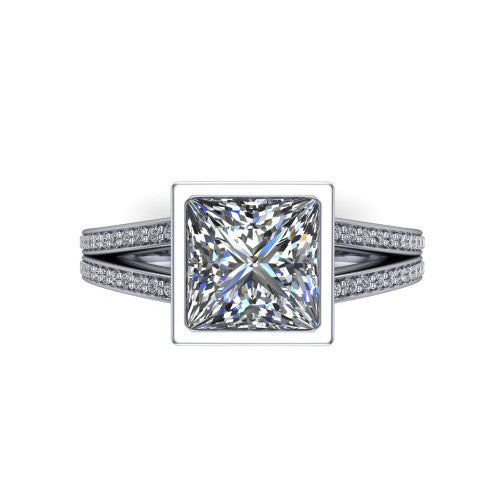 Kaia princess-cut classic engagement ring in 18K White Gold, top-down view showing the princess-cut center diamond framed by the full bezel from above