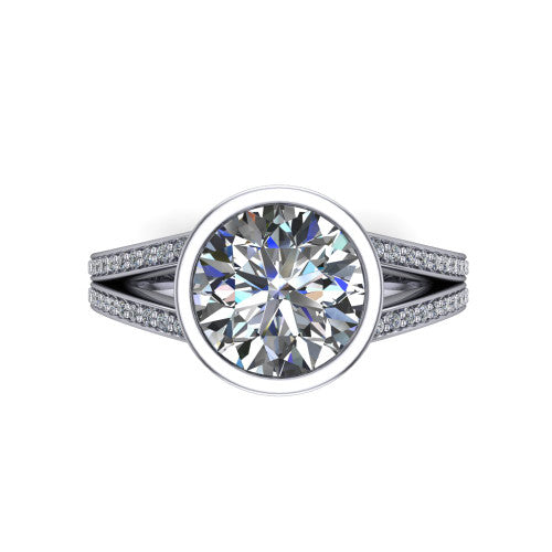 Kaia round classic engagement ring in Platinum, top-down view showing the round center diamond framed by the full bezel from above