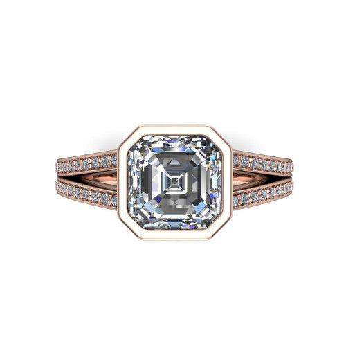 Kaia square emerald-cut classic engagement ring in 14K Rose Gold, top-down view showing the square emerald-cut center diamond framed by the full bezel from above