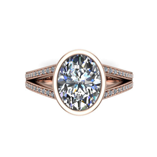 Kaia oval classic engagement ring in 14K Rose Gold, top-down view showing the oval center diamond framed by the full bezel from above