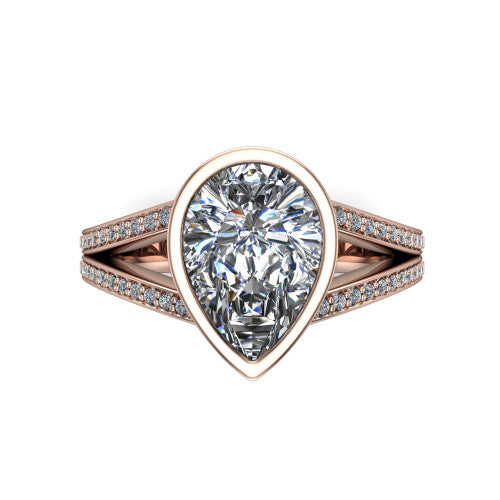 Kaia pear classic engagement ring in 14K Rose Gold, top-down view showing the pear center diamond framed by the full bezel from above