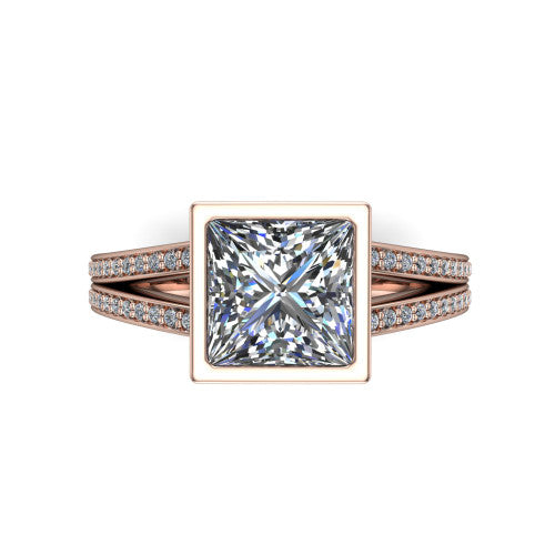 Kaia princess-cut classic engagement ring in 14K Rose Gold, top-down view showing the princess-cut center diamond framed by the full bezel from above