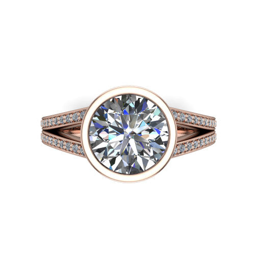 Kaia round classic engagement ring in 18K Rose Gold, top-down view showing the round center diamond framed by the full bezel from above