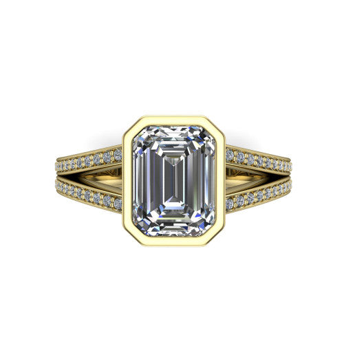Kaia emerald-cut classic engagement ring in 18K Yellow Gold, top-down view showing the emerald-cut center diamond framed by the full bezel from above