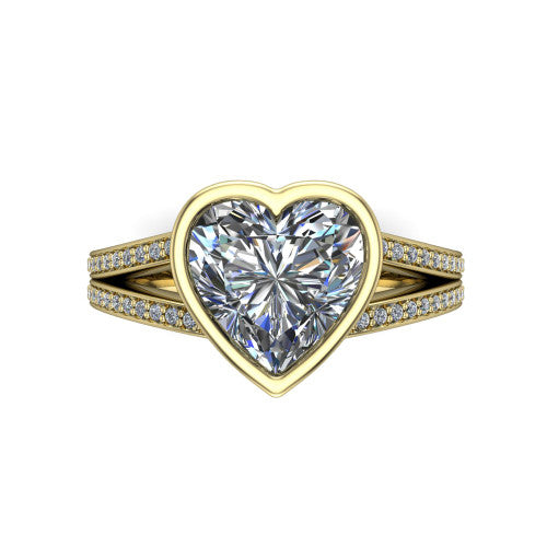Kaia heart classic engagement ring in 14K Yellow Gold, top-down view showing the heart center diamond framed by the full bezel from above