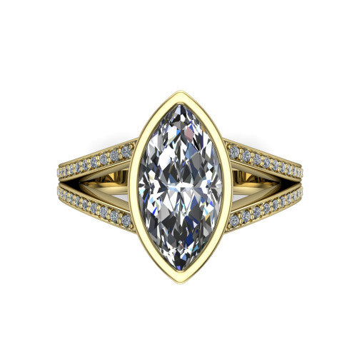 Kaia marquise classic engagement ring in 18K Yellow Gold, top-down view showing the marquise center diamond framed by the full bezel from above