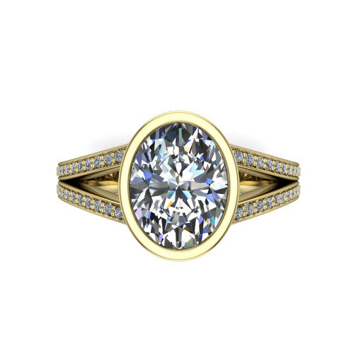 Kaia oval classic engagement ring in 14K Yellow Gold, top-down view showing the oval center diamond framed by the full bezel from above