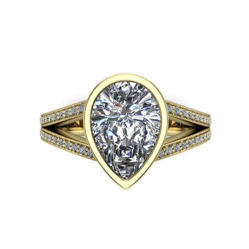 Kaia pear classic engagement ring in 14K Yellow Gold, top-down view showing the pear center diamond framed by the full bezel from above
