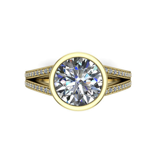 Kaia round classic engagement ring in 18K Yellow Gold, top-down view showing the round center diamond framed by the full bezel from above