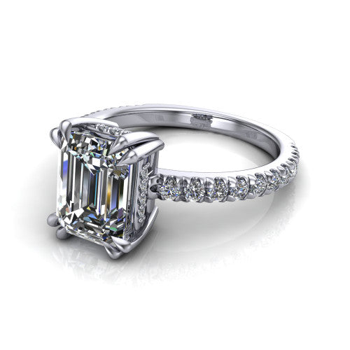 Jordyn emerald-cut hidden halo engagement ring in 14K White Gold, three-quarter perspective showing the emerald-cut center diamond with a hidden halo above a pave band