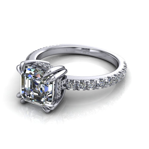 Jordyn square emerald-cut hidden halo engagement ring in Platinum, three-quarter perspective showing the square emerald-cut center diamond with a hidden halo above a pave band